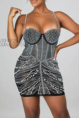 Hnewly - Black Celebrities Elegant Hot Drilling Patchwork Beading Mesh Spaghetti Strap Wrapped