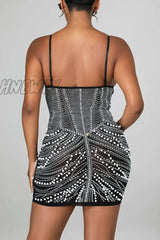 Hnewly - Black Celebrities Elegant Hot Drilling Patchwork Beading Mesh Spaghetti Strap Wrapped