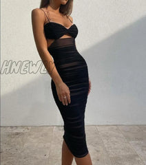 Hnewly Black Double Layer Midi Dresses For Women Summer Sexy Sleeveless Hollow Out Slim Dress