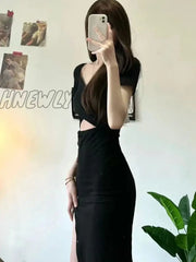 Hnewly Black Dress Women Irregular Slit Hotsweet Summer Hollow Out Elegant Bodycon Party Fashion