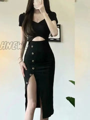 Hnewly Black Dress Women Irregular Slit Hotsweet Summer Hollow Out Elegant Bodycon Party Fashion