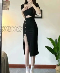 Hnewly Black Dress Women Irregular Slit Hotsweet Summer Hollow Out Elegant Bodycon Party Fashion