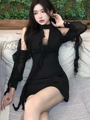 Hnewly Black Dresses Women Sexy Hollow Out Female Casual Temperament New Spring Off Shoulder Korean