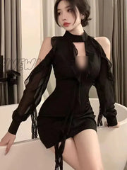 Hnewly Black Dresses Women Sexy Hollow Out Female Casual Temperament New Spring Off Shoulder Korean