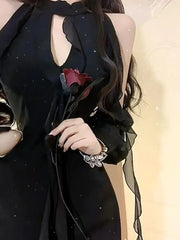 Hnewly Black Dresses Women Sexy Hollow Out Female Casual Temperament New Spring Off Shoulder Korean