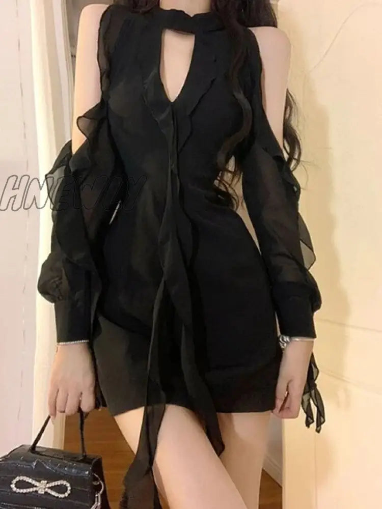 Hnewly Black Dresses Women Sexy Hollow Out Female Casual Temperament New Spring Off Shoulder Korean