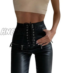 Hnewly Black Faux Pu Leather Pencil Pants Lace Up High Waist Slim Skinny Streetwear Autumn Casual