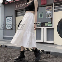 Hnewly Black Gothic Midi Skirt Women Punk Goth High Waist Patchwork A-Line Long Skirts Korean Style