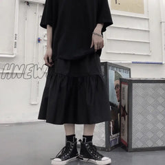 Hnewly Black Gothic Midi Skirt Women Punk Goth High Waist Patchwork A-Line Long Skirts Korean Style