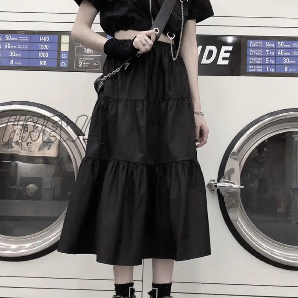 Hnewly Black Gothic Midi Skirt Women Punk Goth High Waist Patchwork A-Line Long Skirts Korean Style