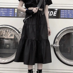 Hnewly Black Gothic Midi Skirt Women Punk Goth High Waist Patchwork A-Line Long Skirts Korean Style