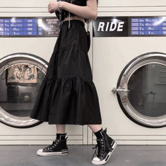 Hnewly Black Gothic Midi Skirt Women Punk Goth High Waist Patchwork A-Line Long Skirts Korean Style