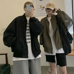 Hnewly Black Green Casual Bomber Jacket Women Spring Autumn Basic Loose Coats Bf Unisex Streetwear