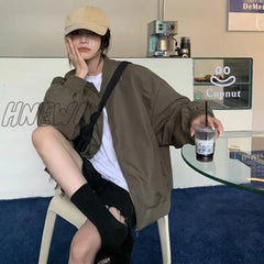 Hnewly Black Green Casual Bomber Jacket Women Spring Autumn Basic Loose Coats Bf Unisex Streetwear