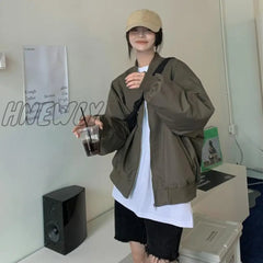 Hnewly Black Green Casual Bomber Jacket Women Spring Autumn Basic Loose Coats Bf Unisex Streetwear