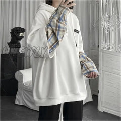 Hnewly Black Hip Hop Hoodie Women Harajuku Plaid Sweatshirts Japan Kawaii Femme Casual Pullover