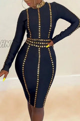 Hnewly - Black Party Elegant Formal Hot Drilling Drill Mandarin Collar Sheath Dresses Dresses Club