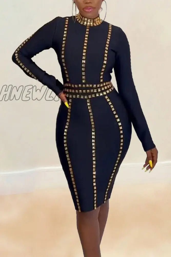 Hnewly - Black Party Elegant Formal Hot Drilling Drill Mandarin Collar Sheath Dresses Dresses Club