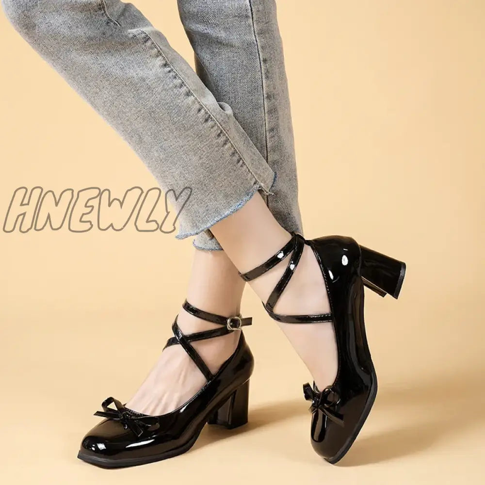 Hnewly Black Retro Cross-Tie Pumps Casual Summer Marry Janes Round Toe Shoes Ladies Lolita Sweet