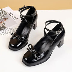 Hnewly Black Retro Cross-Tie Pumps Casual Summer Marry Janes Round Toe Shoes Ladies Lolita Sweet