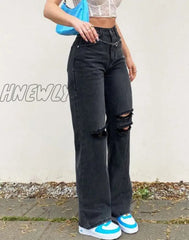 Hnewly Black Ripped Straight Leg Jeans For Women Fashion Tassel Loose Y2K Streetwear Baggy Jean