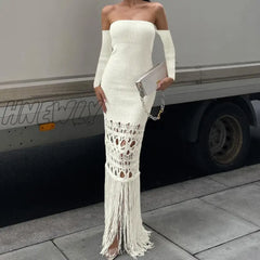 Hnewly Black Sexy Mesh Through Long Dress Party For Women Elegant Luxury Fall Off Shoulder Backless