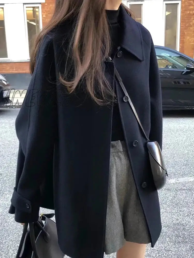 Hnewly Black Short Korean Woollen Jacket Women Autumn Button Loose Casual High Street Coat Female