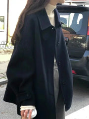 Hnewly Black Short Korean Woollen Jacket Women Autumn Button Loose Casual High Street Coat Female