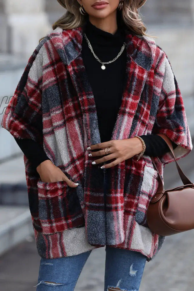 Hnewly - Black Street British Style Plaid Contrast Hooded Collar Outerwear Coats Coats & Cardigan