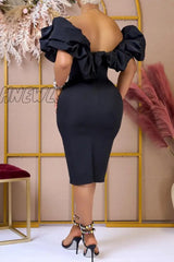 Hnewly - Black Sweet Daily Elegant Simplicity Solid Color Off The Shoulder Dresses Pre Order Dress