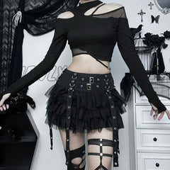 Hnewly Black Women Punk High Waisted Goth Skirt Sexy Pleated Mini With Chain E Girl Lace-Up Tie Pu