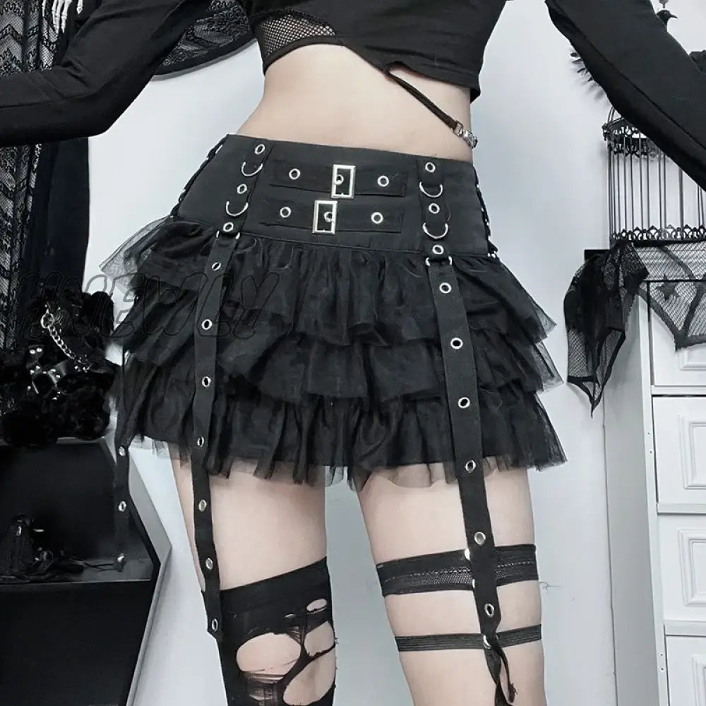 Hnewly Black Women Punk High Waisted Goth Skirt Sexy Pleated Mini With Chain E Girl Lace-Up Tie Pu