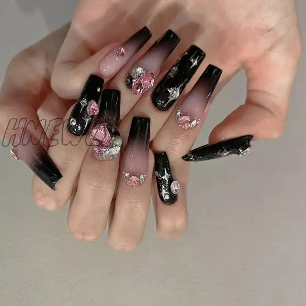 Hnewly Black Y2K Press On Nails Long Coffin Pink Fake With Diamond Designs Gradient Color Wearable