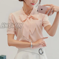 Hnewly Blouses For Women Summer Tops Short Sleeve Casual Chiffon Blouse Female Work Wear Solid Pink