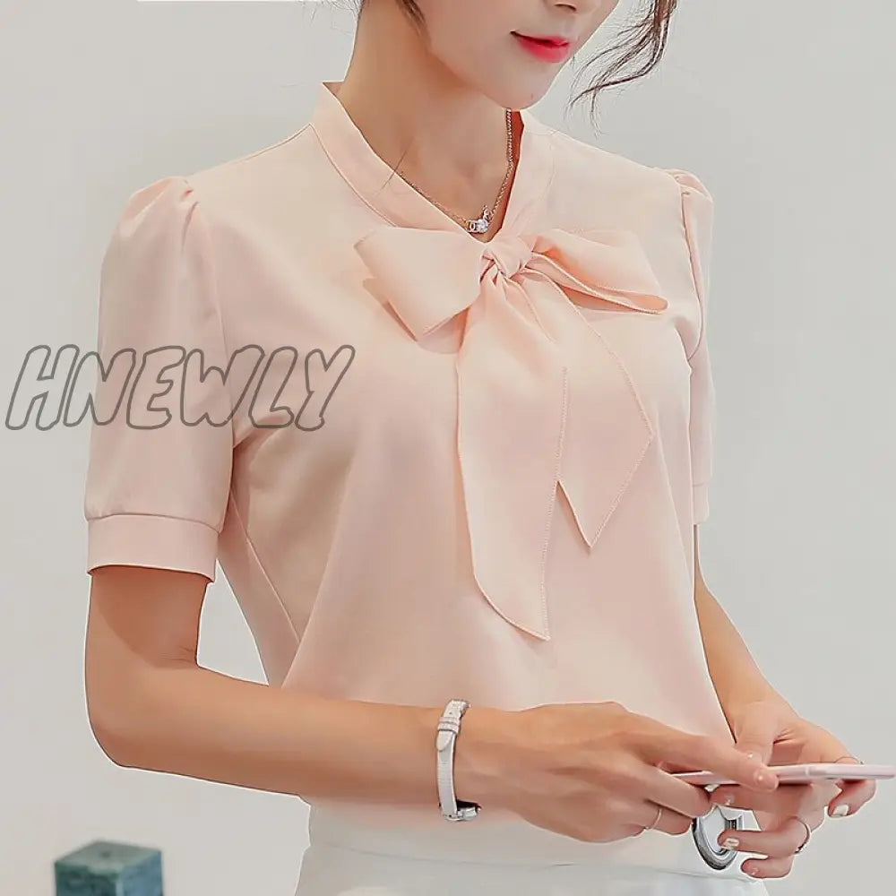 Hnewly Blouses For Women Summer Tops Short Sleeve Casual Chiffon Blouse Female Work Wear Solid Pink