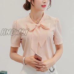 Hnewly Blouses For Women Summer Tops Short Sleeve Casual Chiffon Blouse Female Work Wear Solid Pink