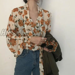 Hnewly Blouses Women Retro Floral Chic Spring Fall Fashion Korean Ladies Blusas Mujer Lace-Up