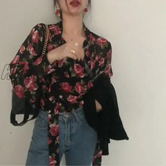 Hnewly Blouses Women Retro Floral Chic Spring Fall Fashion Korean Ladies Blusas Mujer Lace-Up