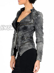 Hnewly - Blue Casual Solid Zipper Turndown Collar Long Sleeve Regular Denim Jacket Coats Blazer &