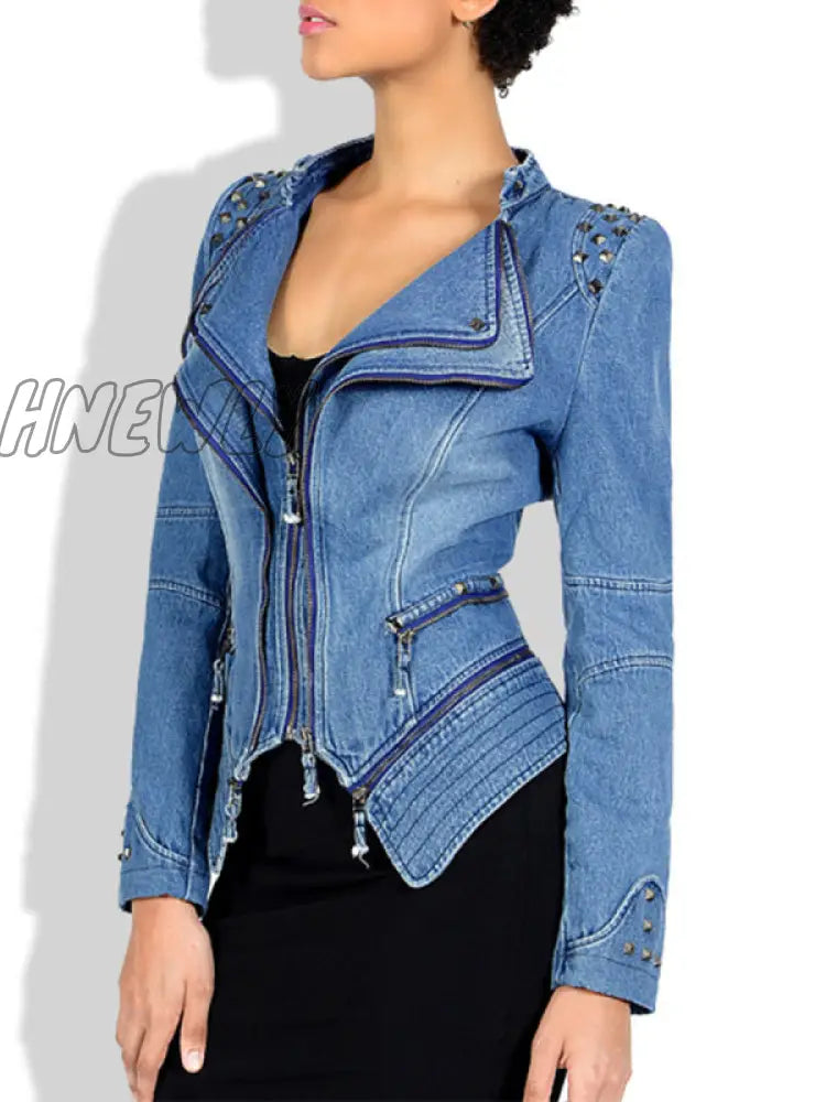 Hnewly - Blue Casual Solid Zipper Turndown Collar Long Sleeve Regular Denim Jacket Coats Blazer &
