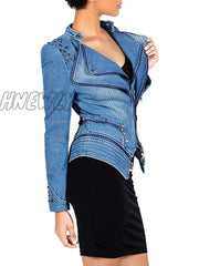 Hnewly - Blue Casual Solid Zipper Turndown Collar Long Sleeve Regular Denim Jacket Coats Blazer &