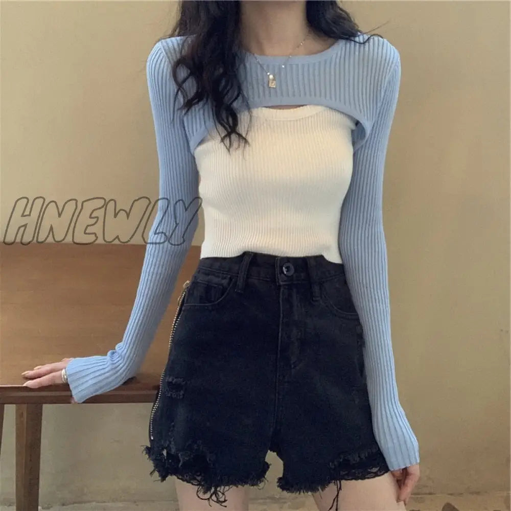 Hnewly Blue Knitted Sweaters Fashion New Female Streetwear Long Sleeve Korean Knit Pullover Thin
