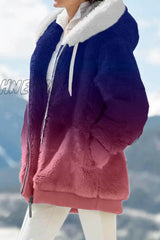 Hnewly - Blue Red Casual Print Patchwork Hooded Collar Outerwear (Subject To The Actual Object)