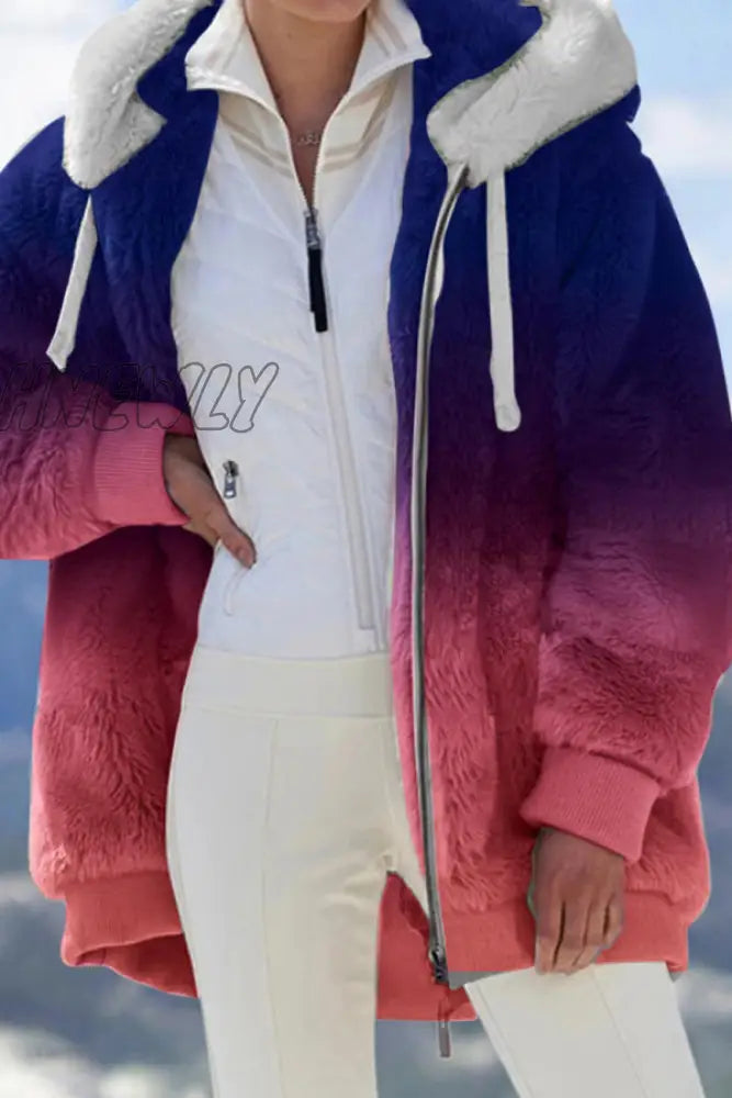 Hnewly - Blue Red Casual Print Patchwork Hooded Collar Outerwear (Subject To The Actual Object)