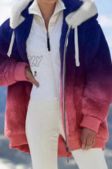 Hnewly - Blue Red Casual Print Patchwork Hooded Collar Outerwear (Subject To The Actual Object)