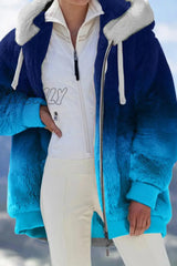 Hnewly - Blue Red Casual Print Patchwork Hooded Collar Outerwear (Subject To The Actual Object)