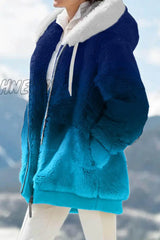 Hnewly - Blue Red Casual Print Patchwork Hooded Collar Outerwear (Subject To The Actual Object)