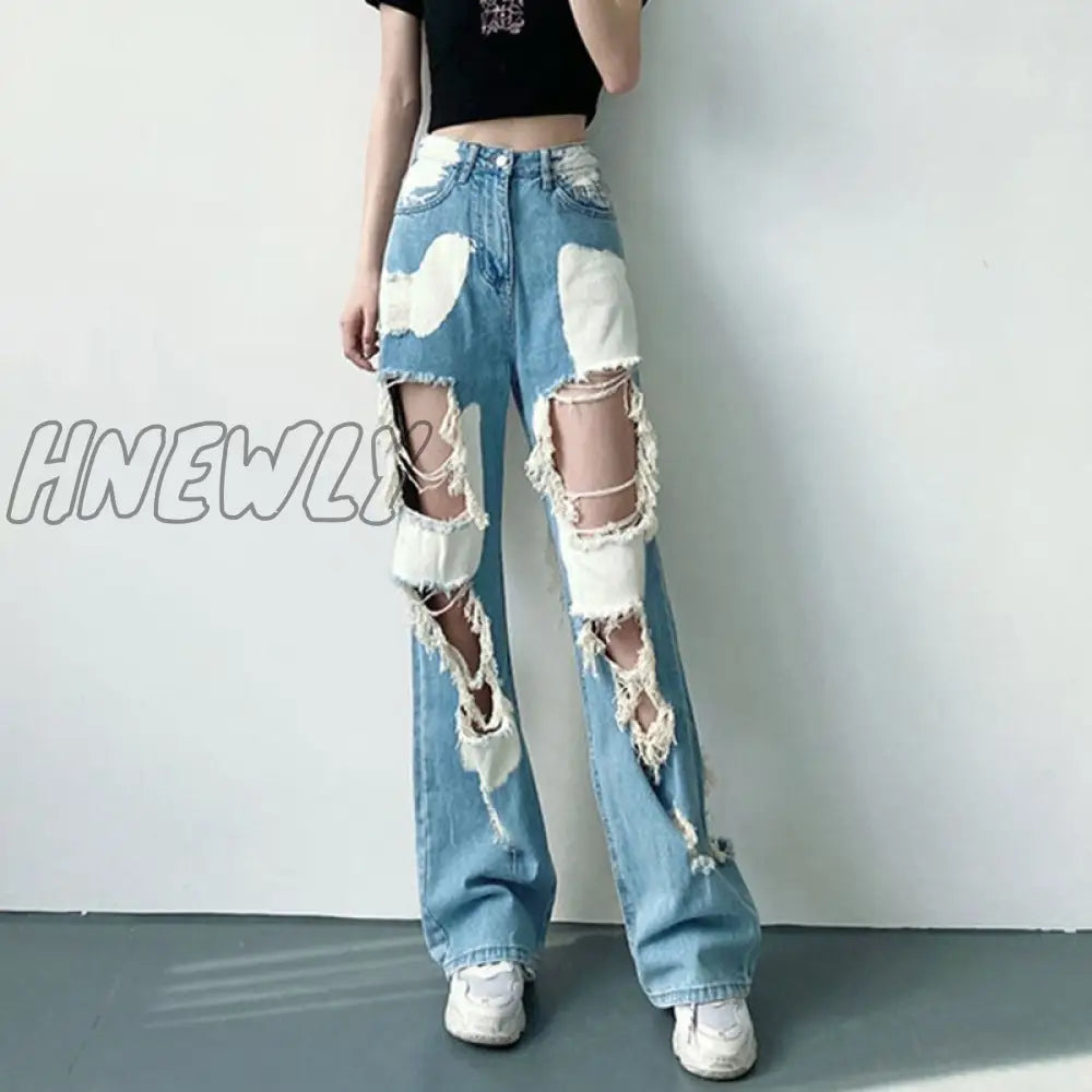 Hnewly Blue Ripped High Waist Jeans For Women Y2K Vintage Straight Denim Trousers Female Streetwear