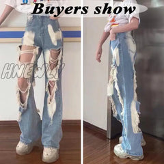 Hnewly Blue Ripped High Waist Jeans For Women Y2K Vintage Straight Denim Trousers Female Streetwear