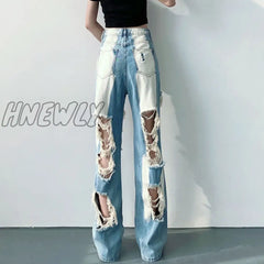 Hnewly Blue Ripped High Waist Jeans For Women Y2K Vintage Straight Denim Trousers Female Streetwear